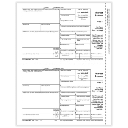 ComplyRight 2022 1099-INT Tax Form 2-Part 2-Up Copy C 50/Pack (512250)
