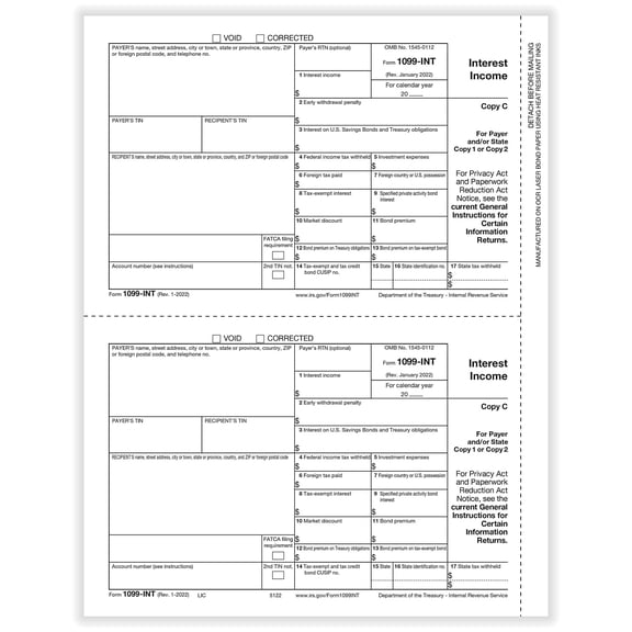 ComplyRight 2022 1099-INT Tax Form 2-Part 2-Up Copy C 50/Pack (512250)