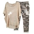 thumbnail image 2 of Dazajoo Summer Two Piece Sets for Women Cotton Linen Round Neck Half Sleeve Graphic Tees and Camo Capri Pants Suits 2025 Dressy Casual Loungewear,Khaki,L, 2 of 3