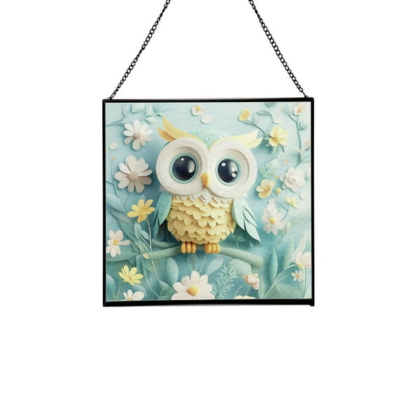 Tiffany Style Owl Square Stained Glass Suncatcher – Handmade Hanging Window Panel for Nature-Inspired Home, Garden, Office Decor 48CA11
