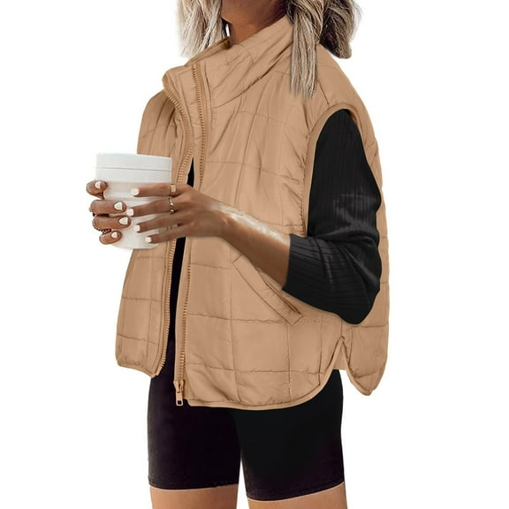 Fnooota Womens Puffer Vests, Sleeveless Warm Thicken Full Zip Winter Coats Outerwear Khaki Size S