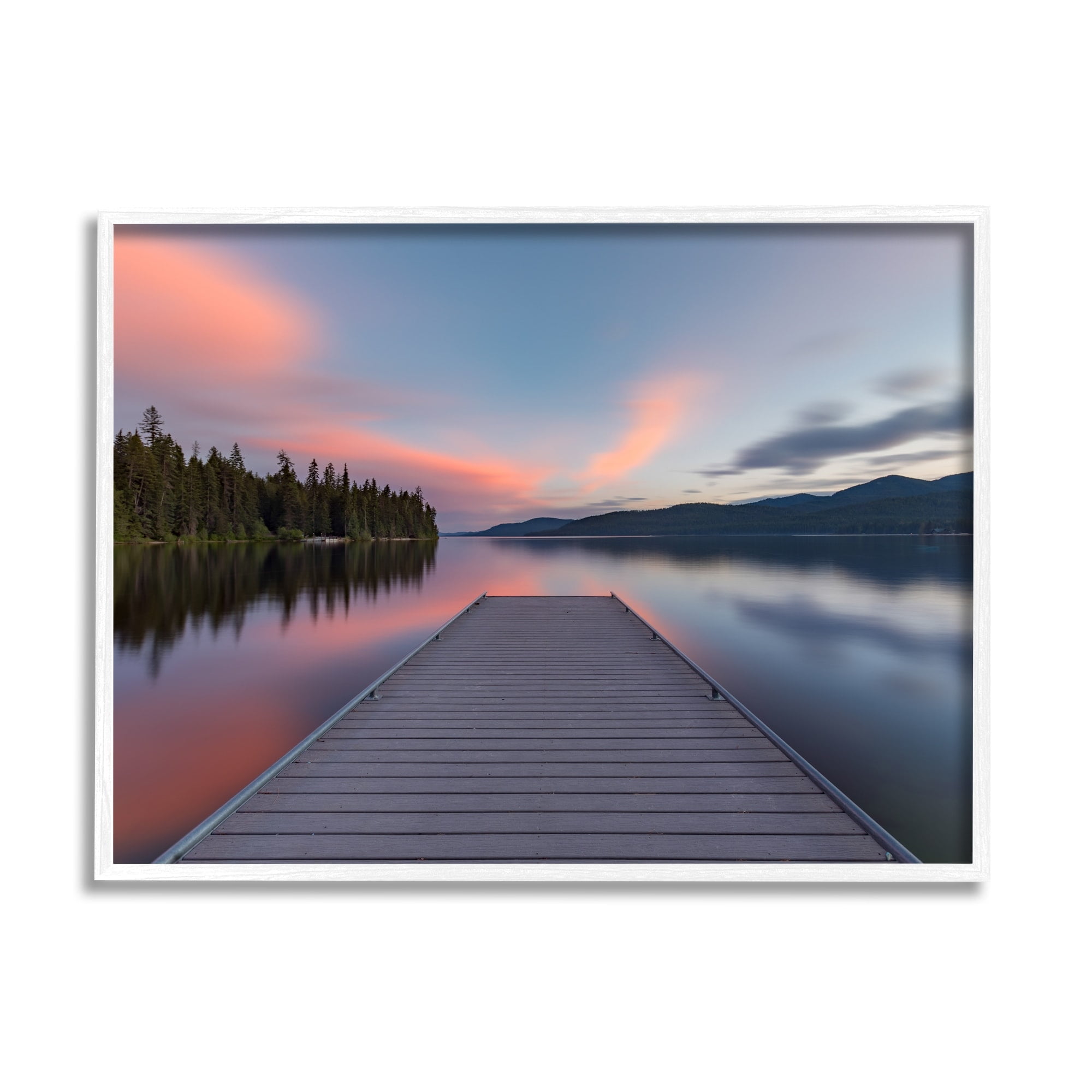 Stupell Industries Serene Lake Dock Quiet Pink Sunrise Reflection Photograph White Framed Art Print Wall Art, Design by Jeff Poe Photography