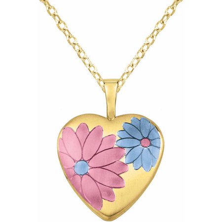 Yellow Gold-Plated Sterling Silver Heart-Shaped with Colored Flowers Locket