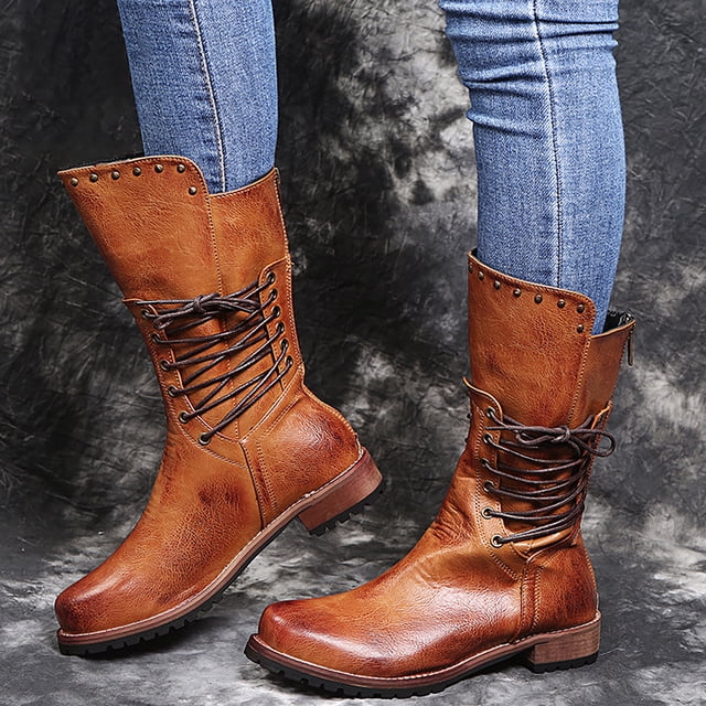TIMIFIS Bottes d'Hiver Mi-Mollet pour Femmes, Bottes de Combat à Bout Rond, Bottines Mode, Cadeaux de Noël pour Femmes
