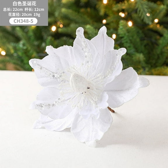 Zhuge 7.87in Large Heads Christmas Glitter Magnolia Flowers Christmas Tree Ornaments Set of 3 Giant Artificial Flowers with Long Stems for Xmas Tree Holiday Decorations, White