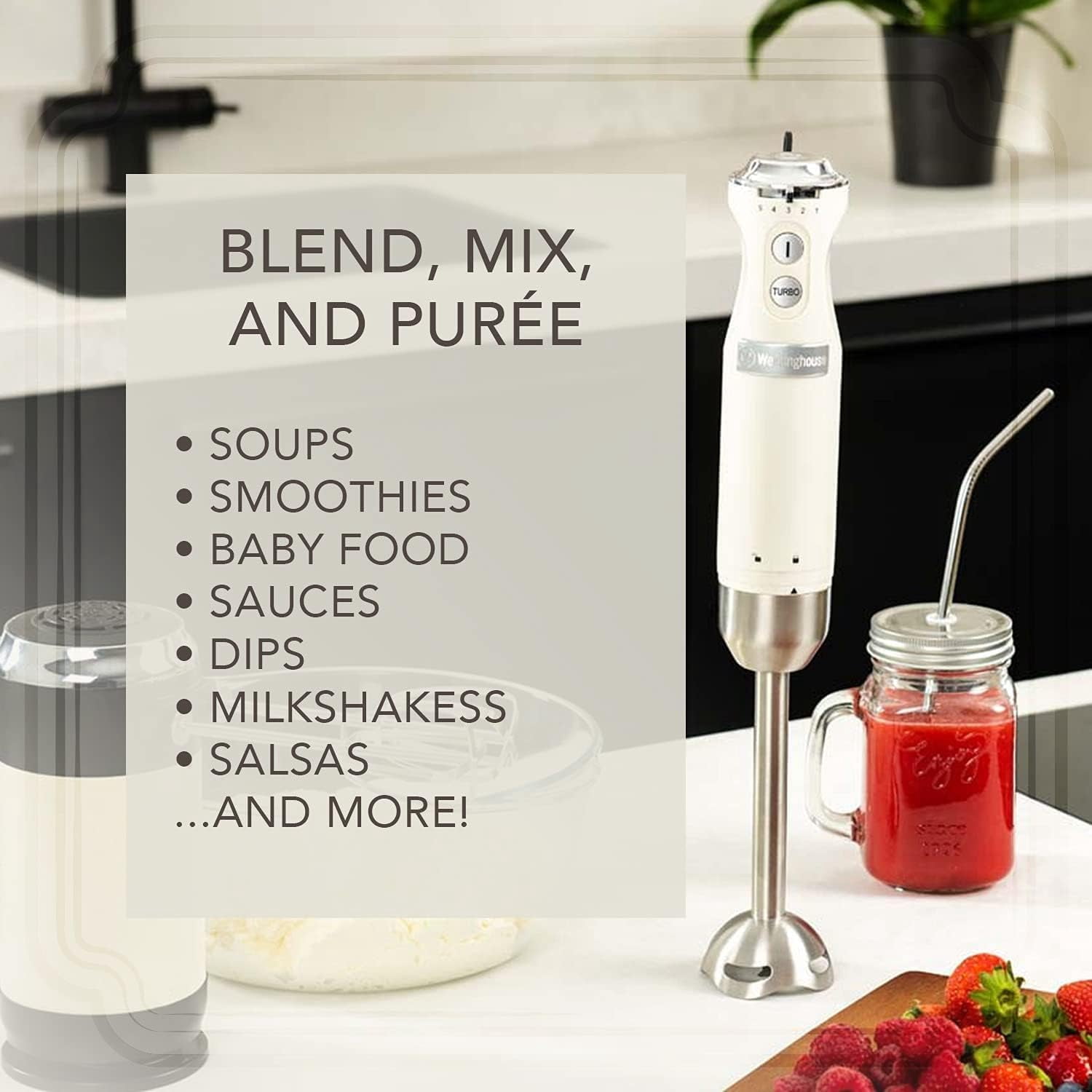 Hand Blender - 5-Speed Immersion Blender with  Function, Stainless Steel Blades & Rod, 500W Power, Detachable Easy Clean Design, Best for Smoothies & Soups - Retro Appliance, White