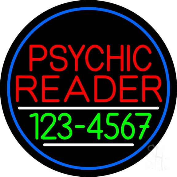 Red Psychic Reader With Green Phone Number And Blue Border LED Neon Sign 26" Tall x 26" Wide - inches Black Square Cut Acrylic Backing, with Dimmer - Premium built indoor LED Neon Sign for Storefront.