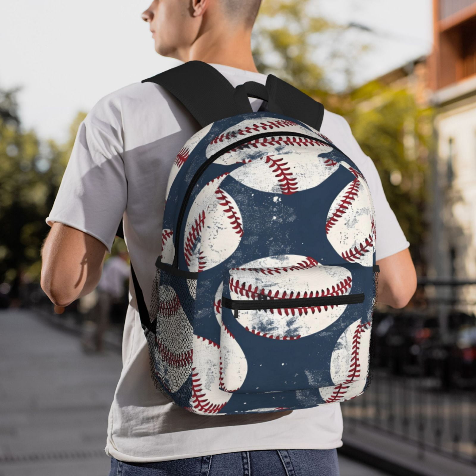 Casual Backpack Water Resistant Lightweight Daypack For Work Travel Hiking Camping Laptop Compartment & Side Mesh Pockets Vintage Baseball Theme Retro Sport Style Worn Leather Baseballs
