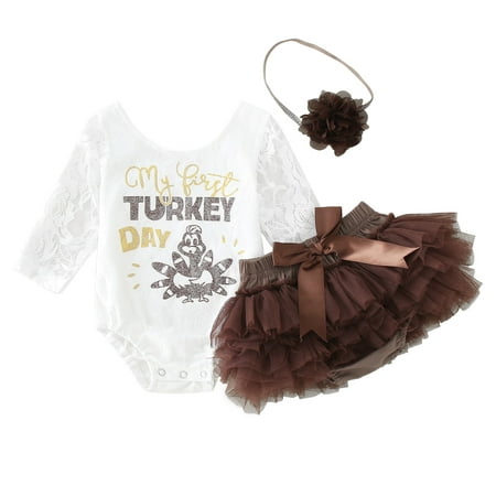

Zlekejiko Baby Girls Autumn Winter Thanksgiving Turkey Print Cotton Long Sleeve Romper Bodysuit Skirts Headbands Clothes Set