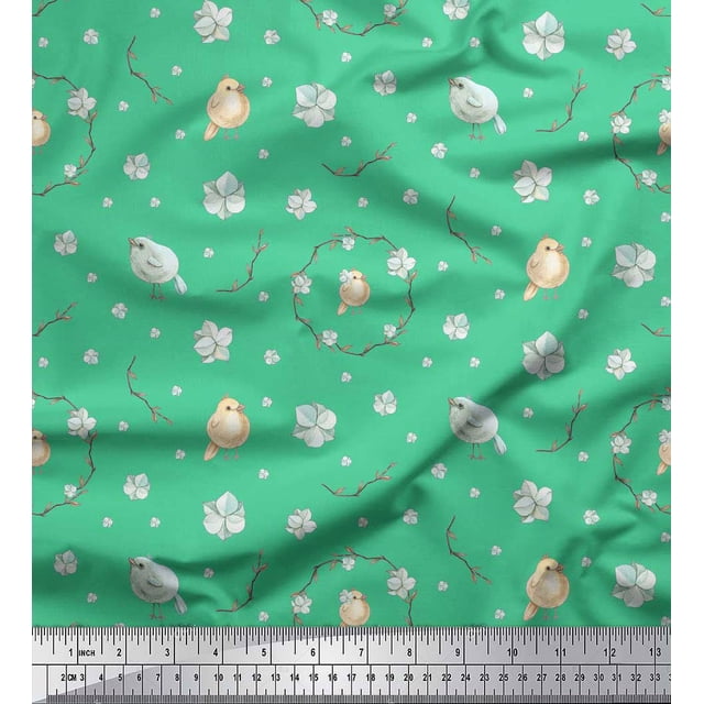 Soimoi Green Poly Georgette Fabric Wreath & Bird Decor Fabric Printed Yard 52 Inch Wide