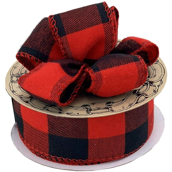 Red Black Buffalo Check Ribbon - 1 1/2" x 10 Yards, Wired Edge, Valentine's Day, Christmas, Wreath, Presents