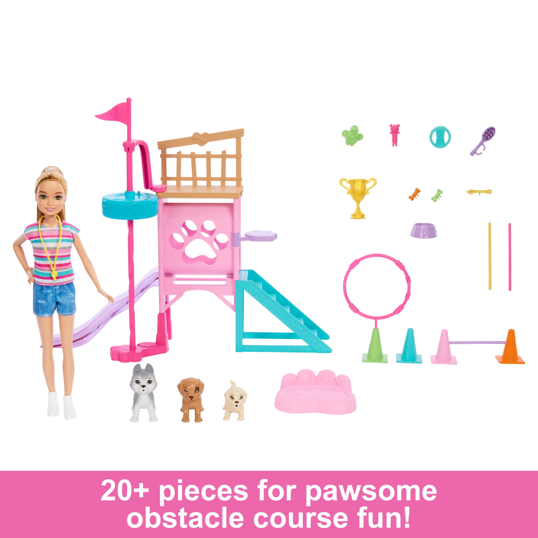 Barbie and Stacie to The Rescue Puppy Playground Playset with Doll, 3 Pet Dog Figures, Multicolor