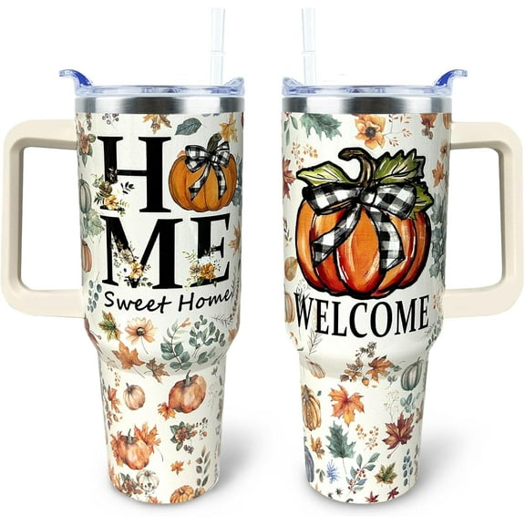 Fall Tumbler 40 oz Tumbler with Handle and Straw Lid Leak Proof - Welcome Home Pumpkin Coffee Mug Autumn Thanksgiving Fall Gifts for Women Happy Party