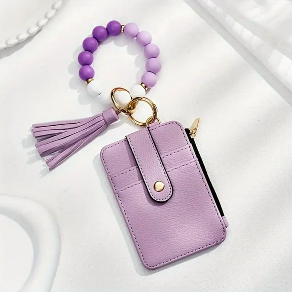 Boho Beaded Tassel Keychain, Ladies' Boho Style Keychain Wristlet Wallet with Beaded Tassel Decoration, Credit Card Holder Purse(A)