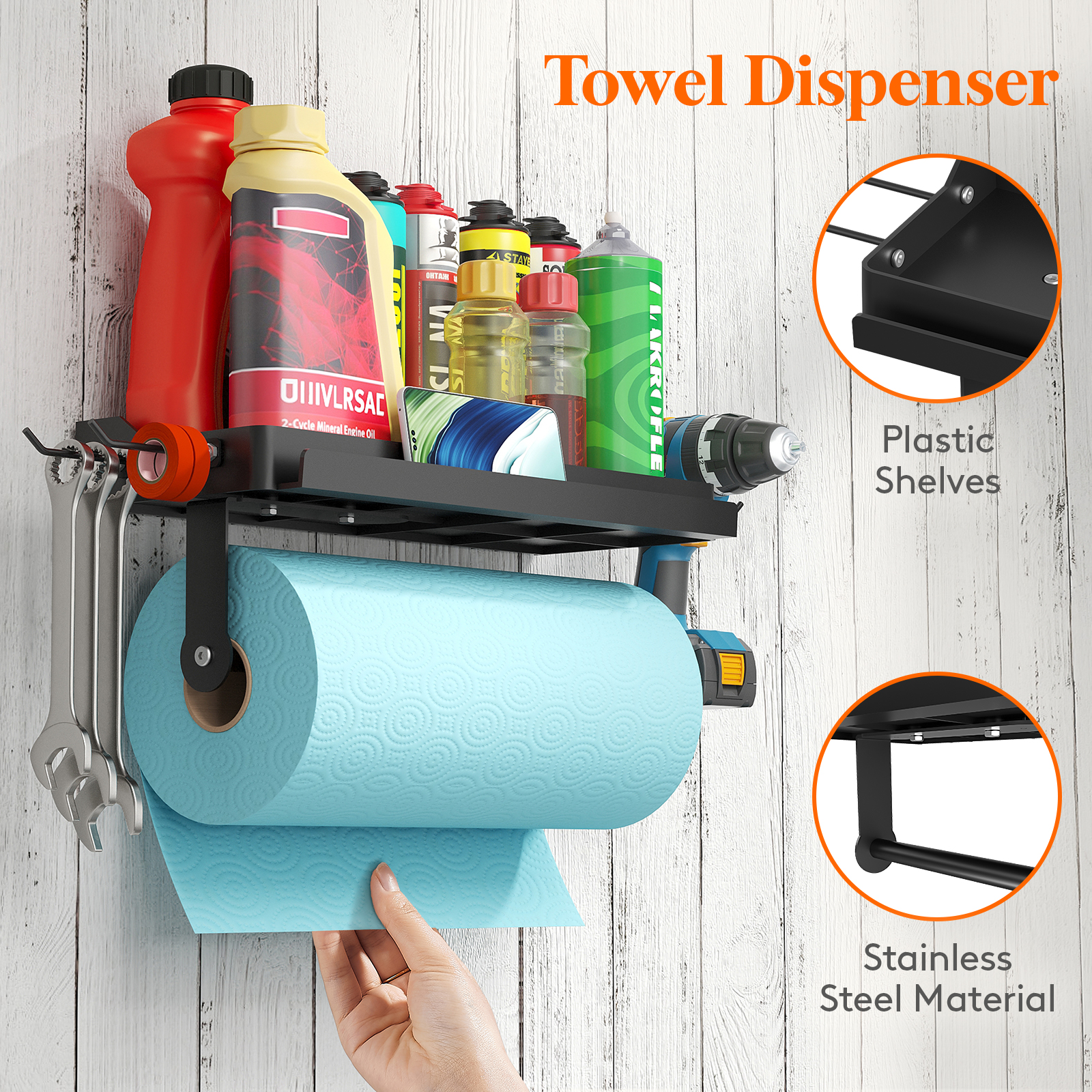 Lifewit Metal Garage Paper Towel Holder with Plastic Shelf, 12 inch Shop Towel Holder, Wall Mount Shelf with 4 Hooks and Phone Stand, Adhesive or Screws, for Clean Station, Craft Room, 1 Pack, Black