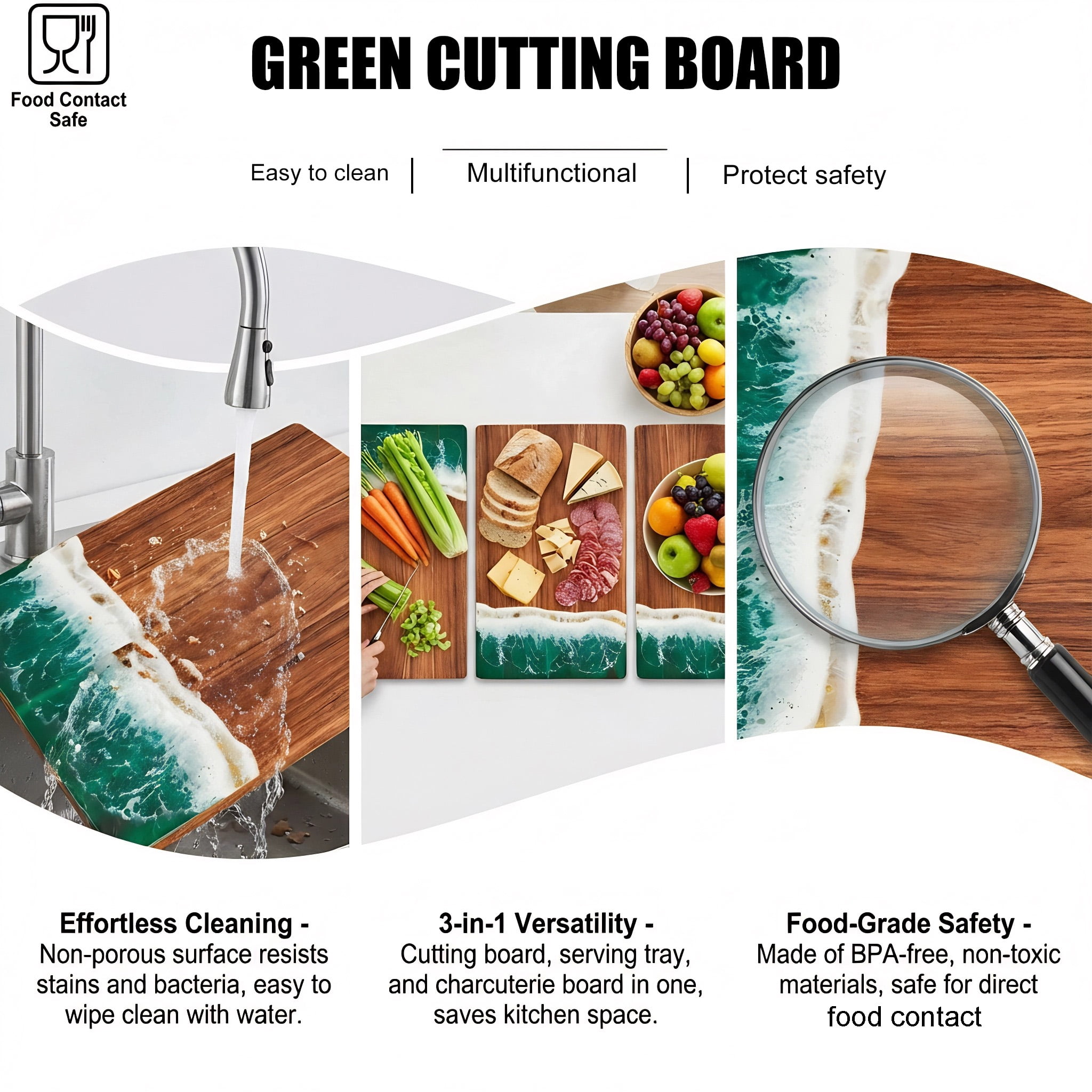 GZCMXH 14.17 inch Acacia Wood Cutting Board, with Unique Green Resin, Natural Wood Grain, Suitable for Wedding/Chef's Gifts