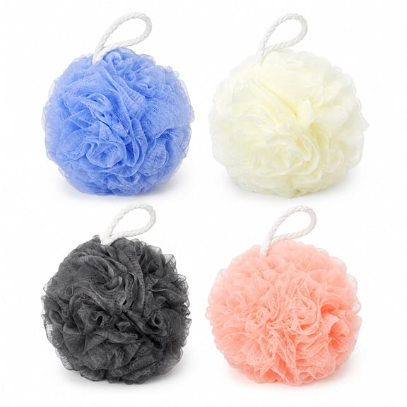 Shower Loofah Bath Sponge 4 Pack, 50g Each Mesh Pouf, Exfoliating Body Scrubber with Hanging Loops for Women and Men