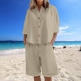 thumbnail image 2 of Jinhomg Two Piece Short Set for Women Cotton Linen Short Sleeve Sweatsuit Sets Buttons Down V Neck Lounge Tracksuits Khaki,S, 2 of 7