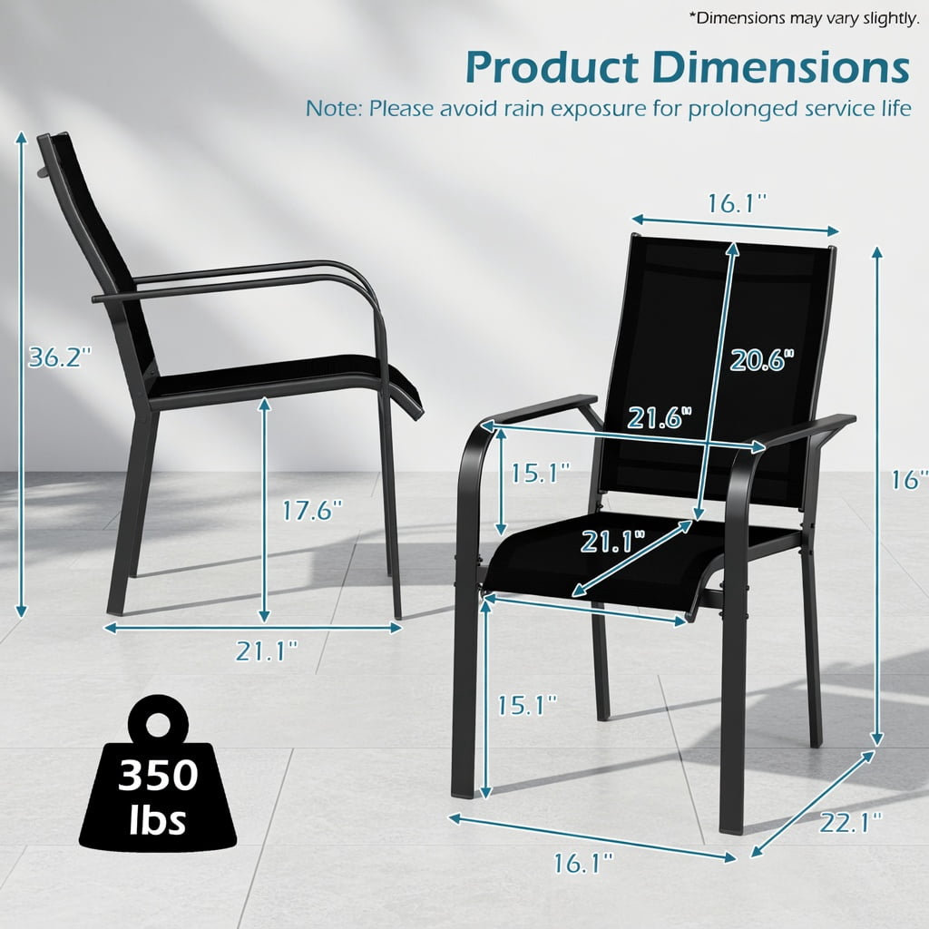 Hommoo Stackable Outdoor Dining Chairs Set of 2, Heavy-Duty Metal Frame Patio Armchairs with Breathable Mesh Back, Black