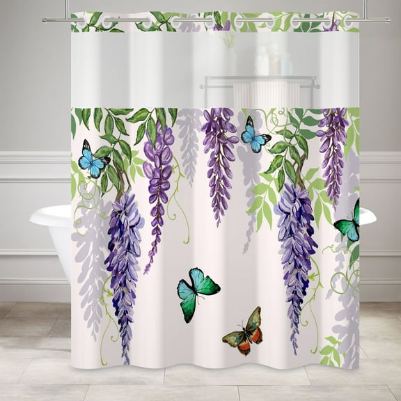 MIZHONA Purple Floral No Hook Shower Curtain with Snap in Liner,Spring Fabric Shower Curtain,71"× 74"