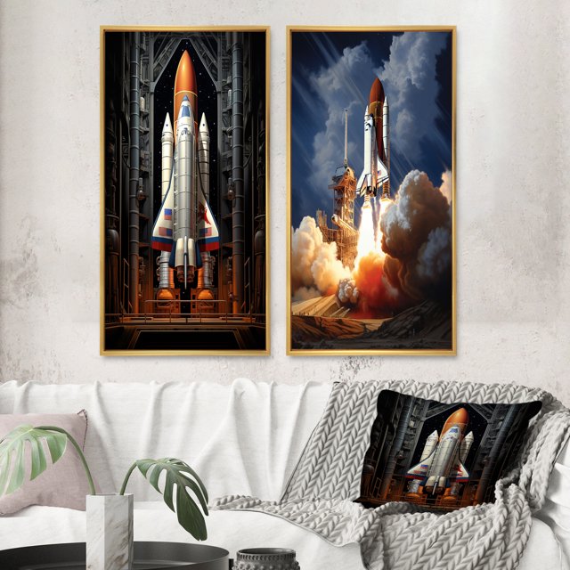 Designart "Reverent Rocketship I" Rocketship Framed Wall Art Set Of 2 - Coral Transportation Framed Canvas Set For Living Room Decor