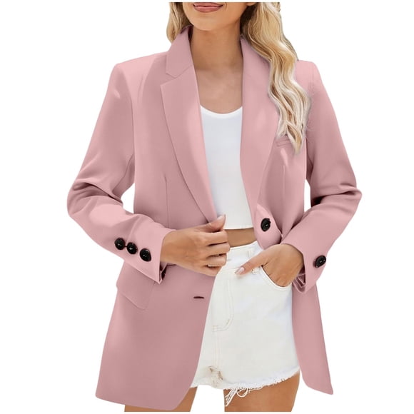 aohooy Women's Blazer Fitted 2025 Business Casual Long Sleeve Lapel Open Front Suit Jacket Work Blazer with Pockets Pink,L