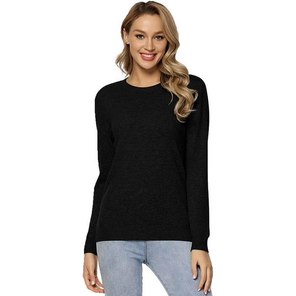Women's 100% Pure Wool Sweater Long Sleeve Pullover Crew Neck Tops for Women