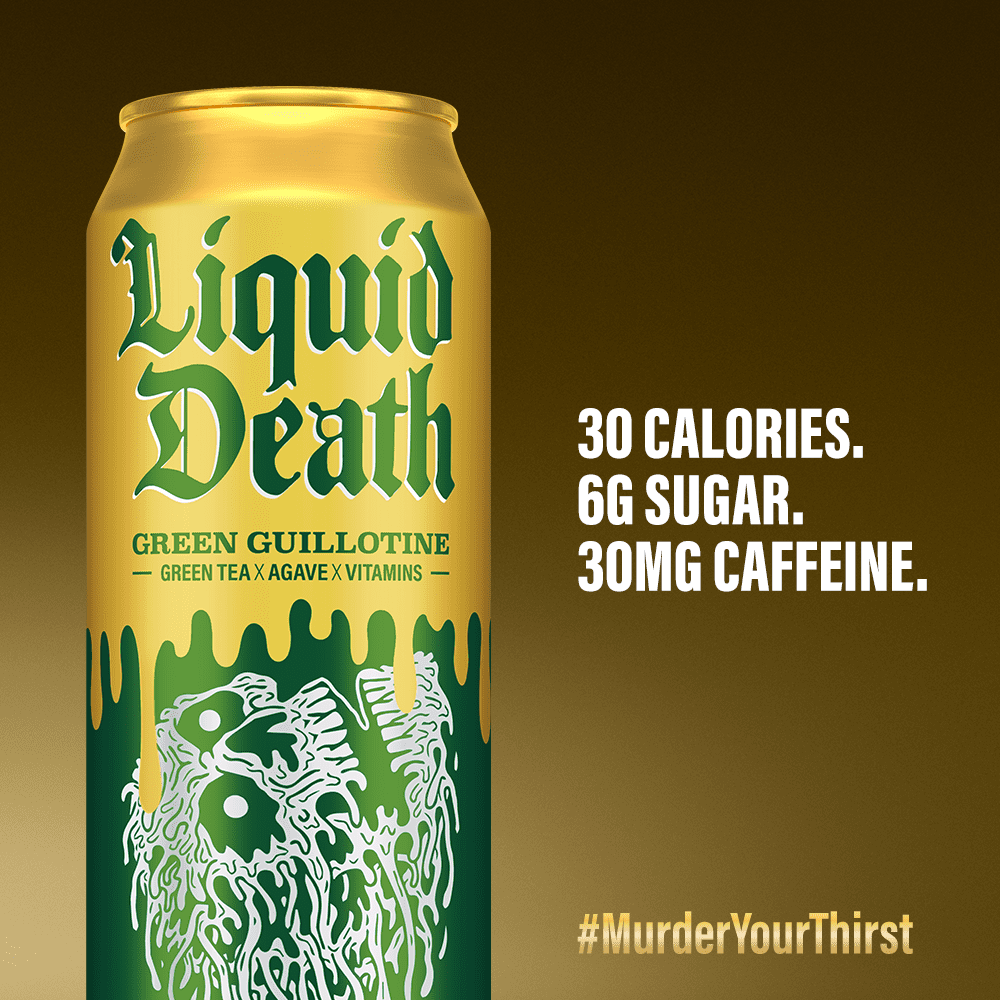 Liquid Death Iced Tea - Green Guillotine (Green Tea), Less Sugar*, Boost of Caffeine, B Vitamins, No Artificial Sweeteners, King Size 19.2 Fl Oz