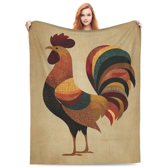 Rustic Folk Art Rooster Throw Blanket, Primitive Country Design, Warm Earth Tones Soft Flannel Fleece for Cabin Lodge Decor 50x40