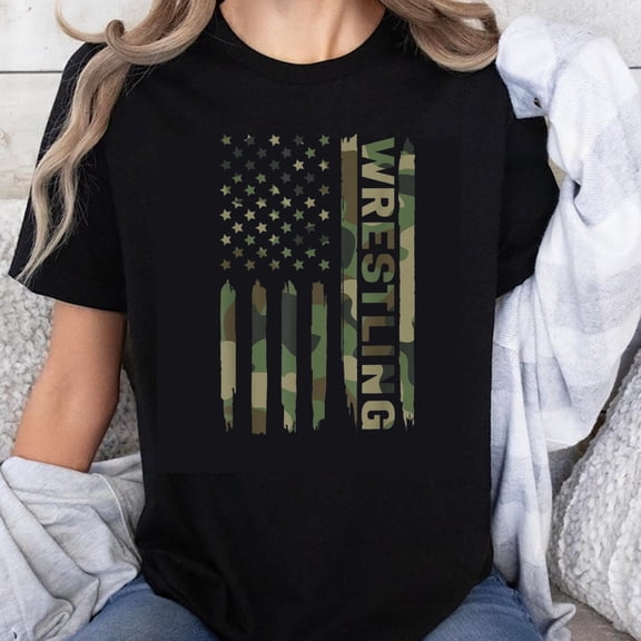 100% Cotton American Flag Camo Wrestling T-Shirt for Men Women USA Patriotic Sport Tee Military Style Graphic Shirt