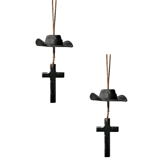 Western Cowboy Hat and Cross Car Charm Set of 2, Adjustable Leather Strap Hanging Ornament for Rearview Mirror, Truck Accessories for Men and Country Style Car Décor