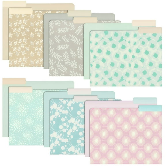 12-Pack Pretty Pastel Decorative File Folders for Women, Cute Supplies, Office, Organization Letter Size, 1/3 Cut Tabs, 12 Assorted Patterns and Solids (11.5x9.5 In)