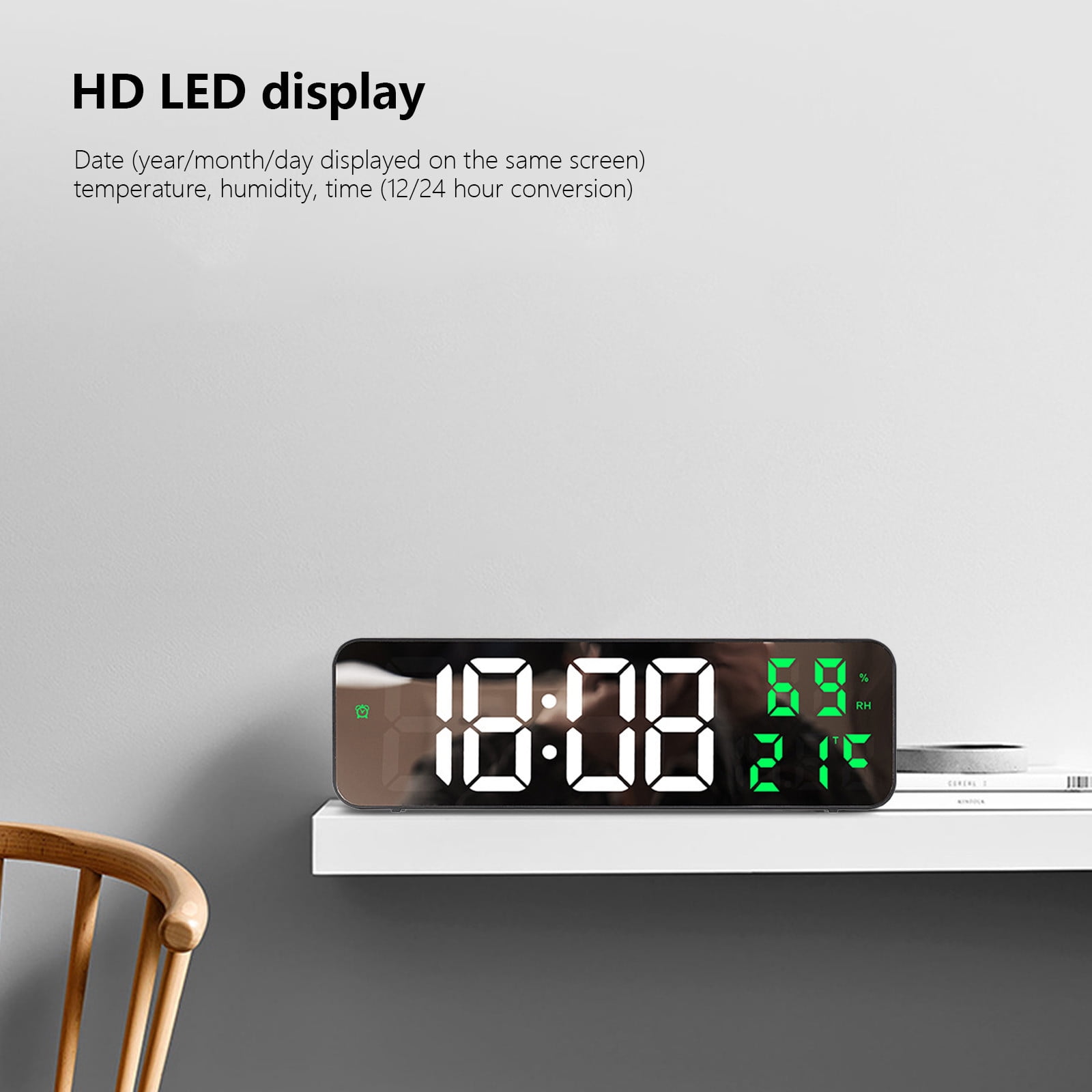 Iuhan LED Wall Clock, Large Digital Mirror Display with Temperature Date Humidity, Adjustable Brightness Alarm Clock for Home Office Bedroom Decor