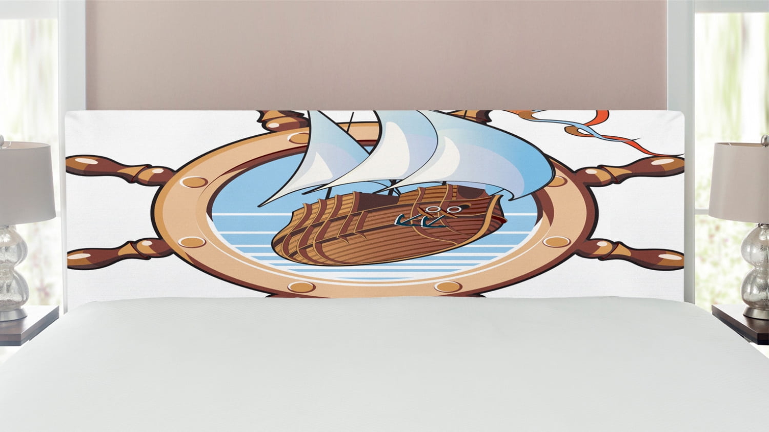 Ships Wheel Headboard, Image of Ship Is in Framing of Steering Wheel