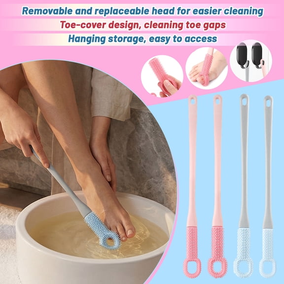 Long Handle Foot Washing Brush for Seniors – Soft Silicone Bristles for Cleaning Between Toes, Exfoliating Dead Skin & Calluses, No Bending Shower Scrubber for Men Women (1pc)