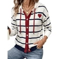 thumbnail image 3 of Women Hooded Button Striped Knit Long Sleeve Cardigan Sweater White & Blue S, 3 of 8