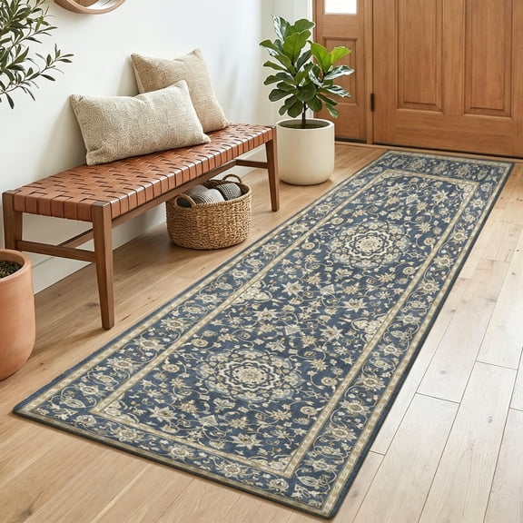 2x5 Washable Long Runner Rug, Soft Non Slip Low Profile Vintage Oriental Hallway Rug for Kitchen Bedroom Entryway, Navy Blue