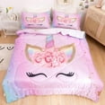 thumbnail image 1 of Magical Unicorn Flower Girl Pink Comforter Sets 3 Piece,3D Cartoon Unicorn Eye Lash with Sparkle Stars Print Bedding Bedspreads Cute Comforter Sets for Teens and Kids, 1 of 8