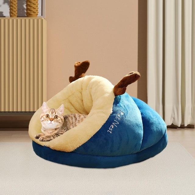 Cama para gatos con capucha, casa suave y cálida, cama para perrera cálida con capucha, nido para perros y gatos pequeños para regalo, cachorro al , azul