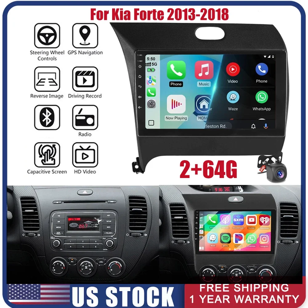 Woudy 9" Android 15 Car Stereo Radio with Apple CarPlay GPS Navigation Bluetooth 2+64GB for Kia Forte 2013-2018