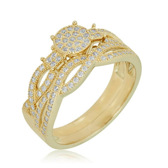 AVORA 10K Yellow Gold Pave Simulated Diamond CZ Infinity Anniversary Bridal Engagement Wedding Band Ring Set - Size 8