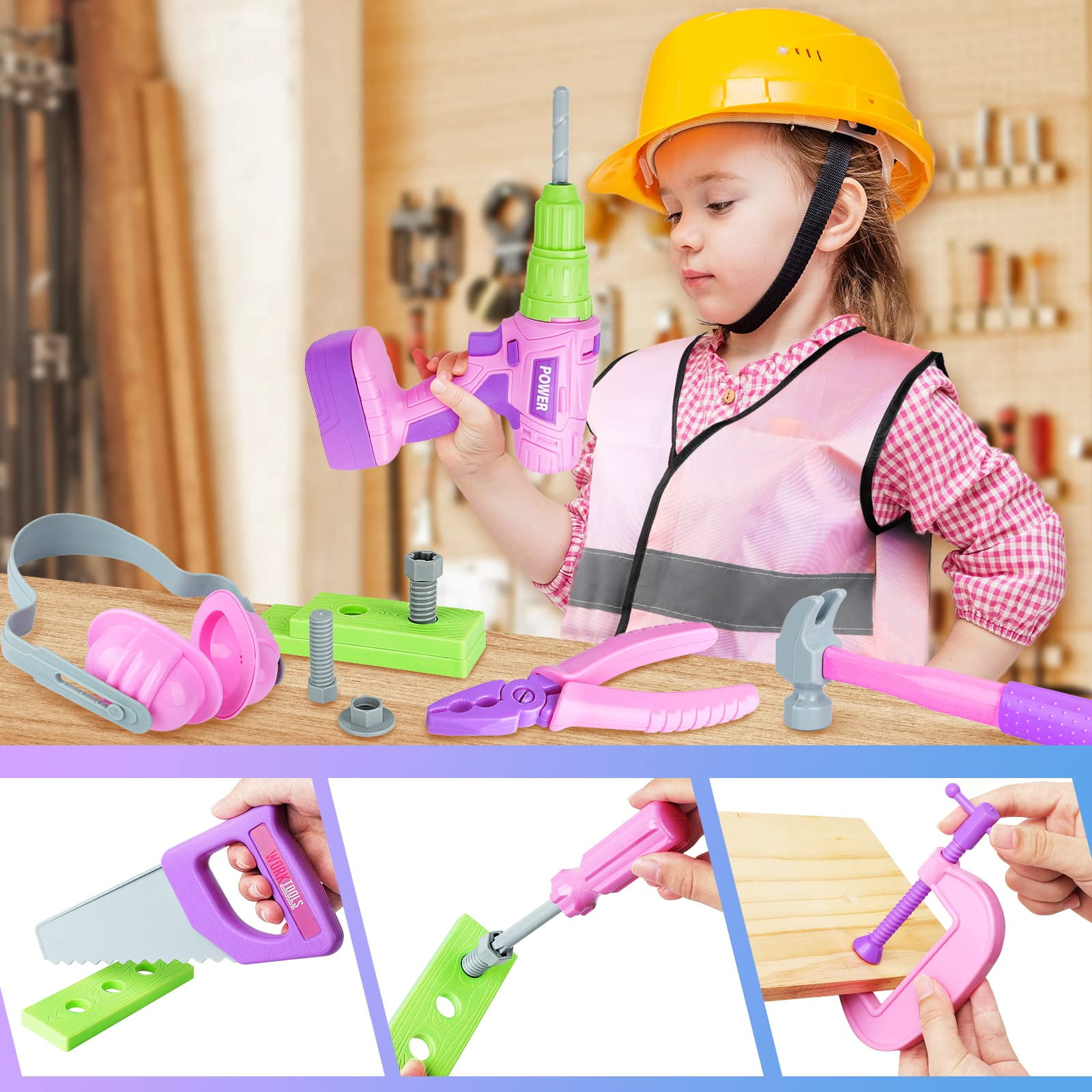 Gifts2U Toy Tool Set for Girls Pretend Play Toy with Play Drill Tool Box and Toy Tape Measure, Pink Toy Tool Set Learning Tool Kit for Girls Toddlers