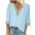 thumbnail image 3 of Feancey Women's Plus Size Tops Trendy Lace V Neck Blouses 3/4 Sleeve Loose Casual Vacation Shirt Summer Dressy Solid Color Pullover Sky Blue S, 3 of 7