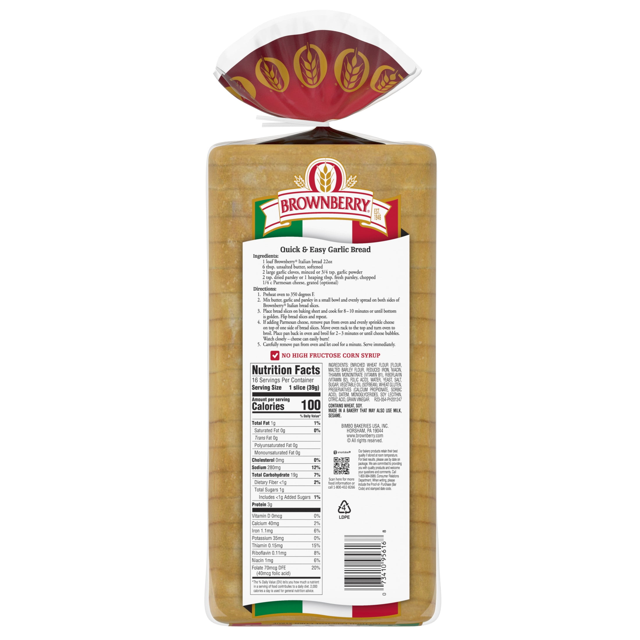 Brownberry Italian Bread, 22 oz, Plain Italian Bread, Bag