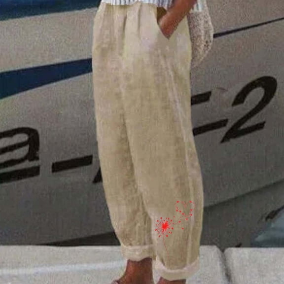 Wycnly Harem Pants for Women Elastic Waist Pants for Women Fall Vintage Dandelion Print Cotton Linen Long Pants Plus Size Casual Pocket Straight Leg Trousers Under $5