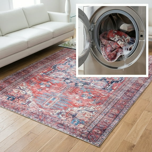 SAFAVIEH Serapi Doncho Traditional Machine Washable Area Rug, Red/Navy, 4' x 6'