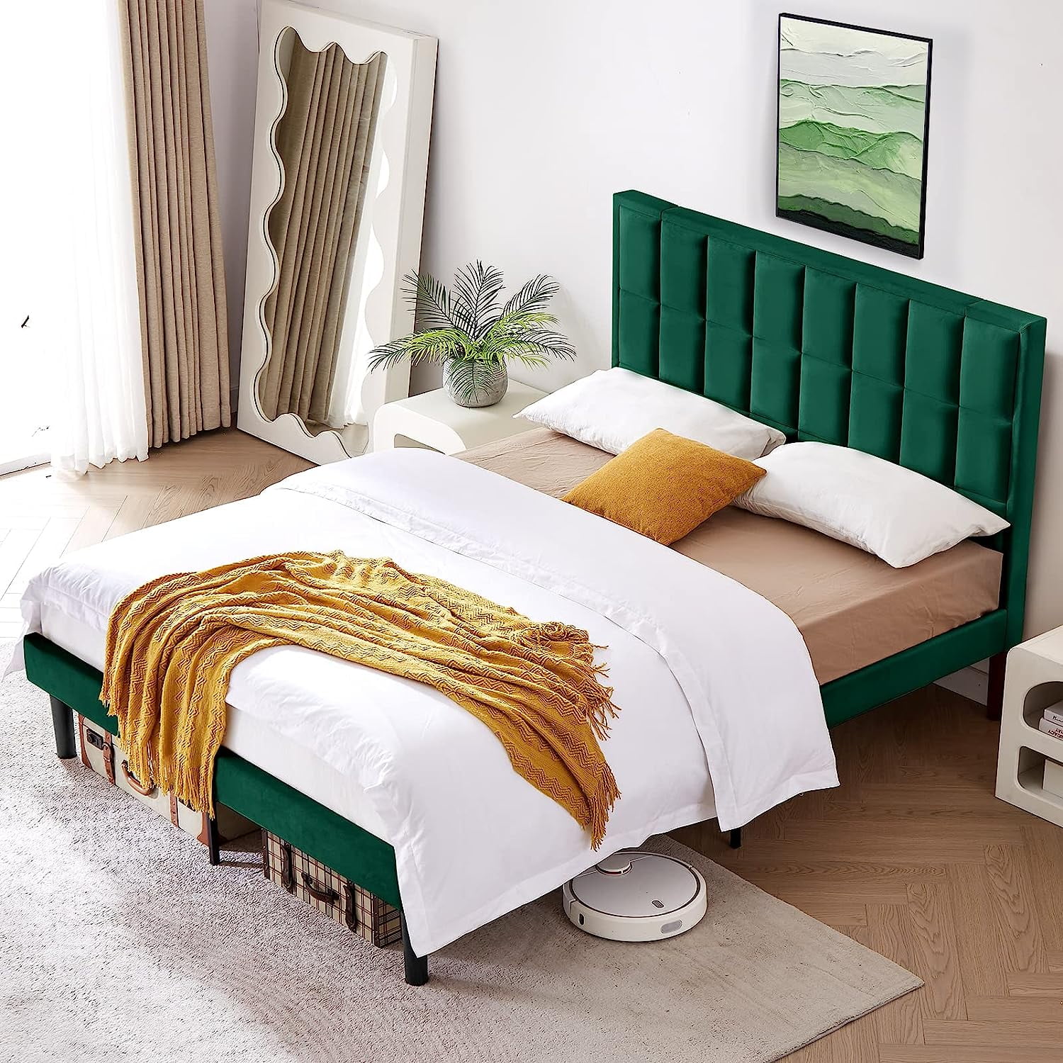 Flolinda Twin Size Bed Frame Velvet Platform Bed Frame with Higher Comfortable Headboard, Off White