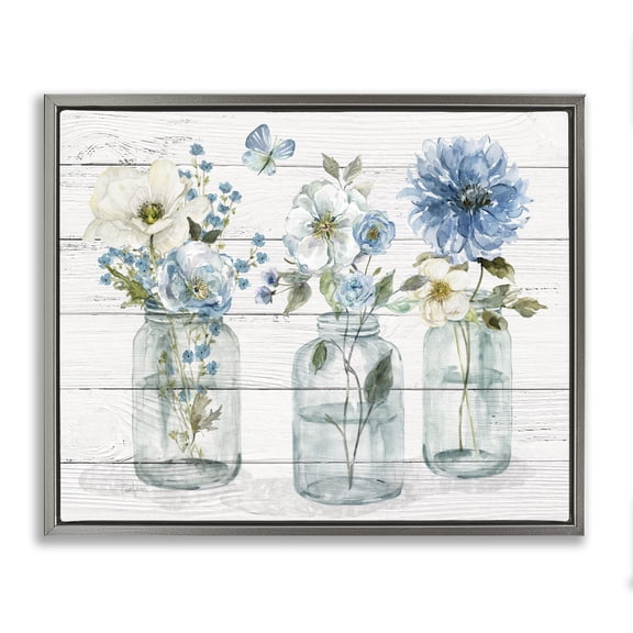 Stupell Industries Cottage Blue Country Jar Bouquets Gray Floating Frame Canvas Art, 21 x 17, by Livi Finn