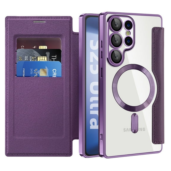 Flip Phone Case for Samsung Galaxy S25 Ultra, PU Leather Wallet Case with RFID Blocking Card Slot, Clear Back Cover Build-in Len Protector for Samsung S25 Ultra, Purple