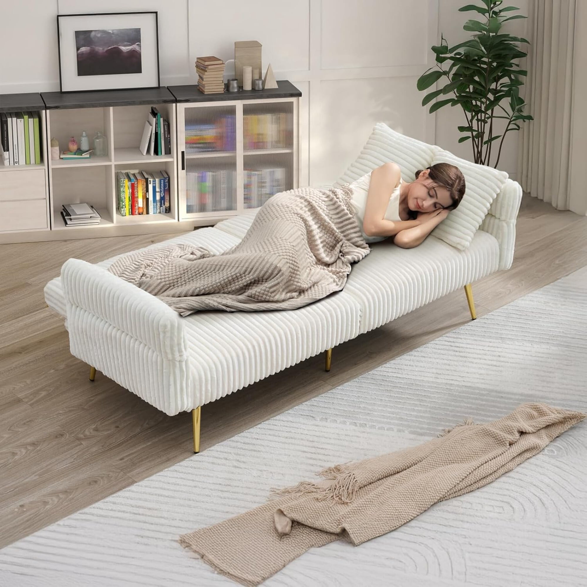 AENKYO 79'' Corduroy Convertible Futon Sofa Bed, Modern Sleeper Couch with Adjustable Arms & Back, White